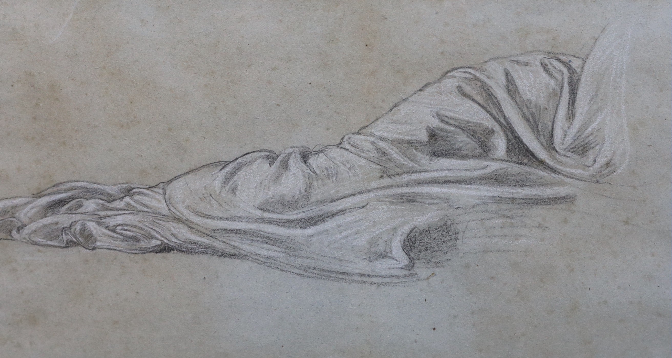 Lord Frederic Leighton, P.R.A. (British, 1830-1896), Study for the Wise and Foolish Angels, Lyndhurst Church, drapery for figure lower right, black and white chalk on light grey paper, 25 x 42cm